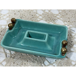 Vintage MCM Wagner USA Turquoise Ceramic Pottery Ashtray Cigarette Pack Holder